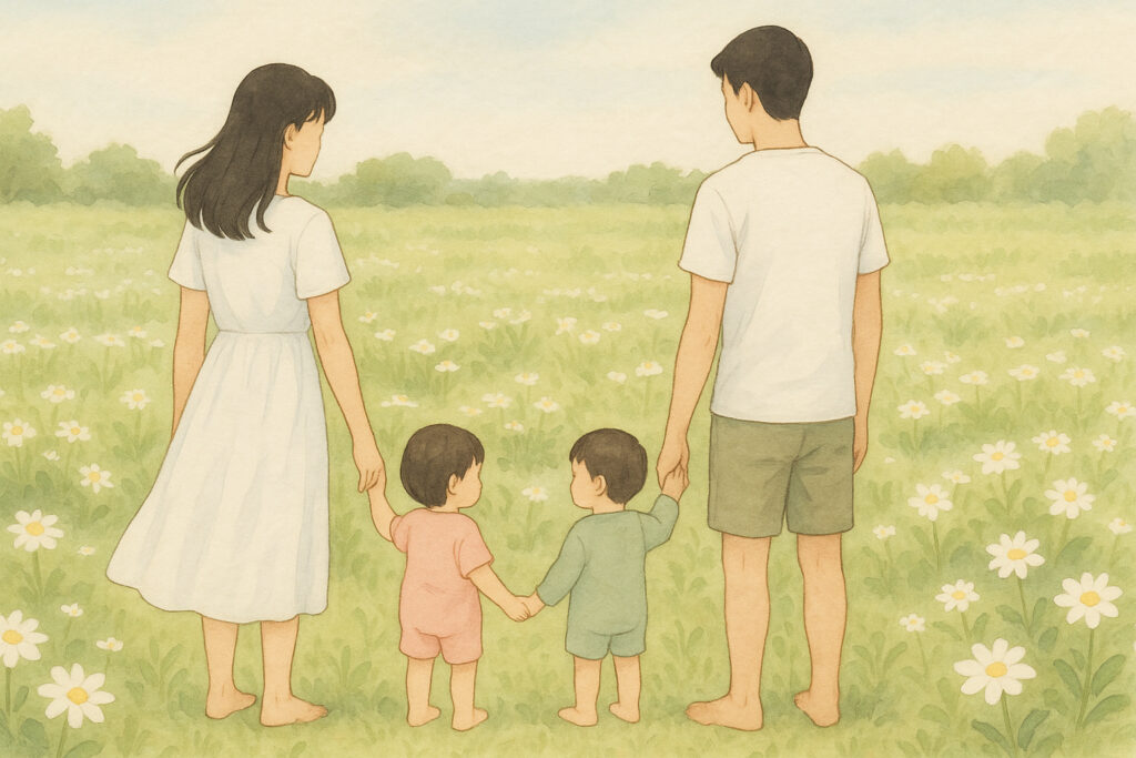 초록색 들판 위에 아기 둘과 엄마 아빠가 있는 일러스트
