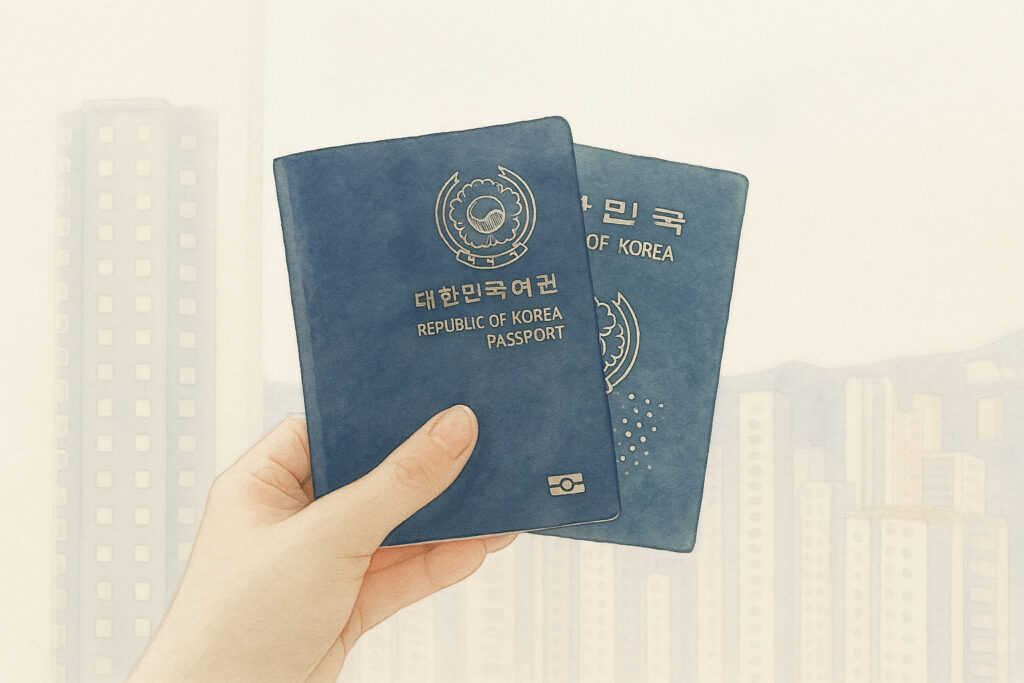 구여권과 신여권을 들고있는 일러스트